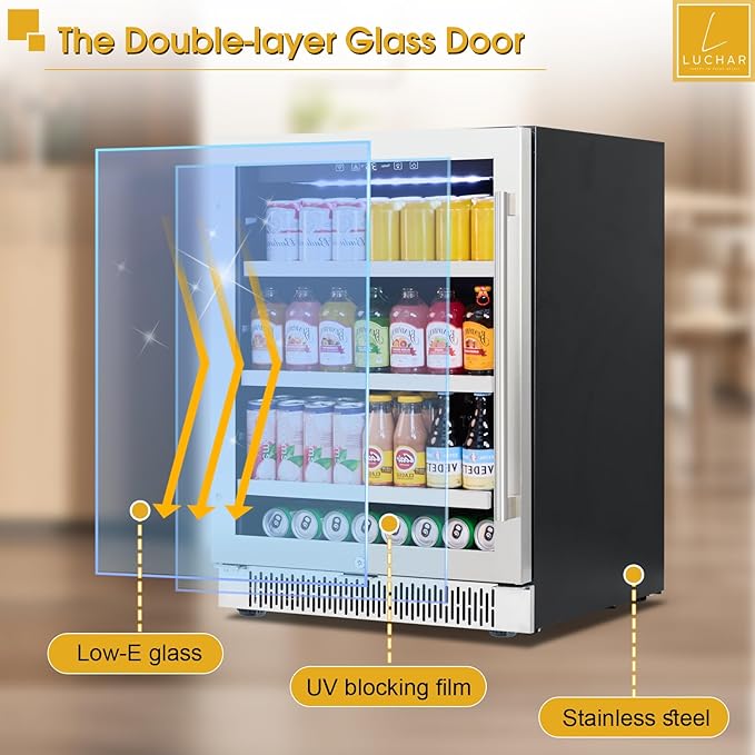 24 Inch Beverage Refrigerator Cooler, Beverage Fridge with Stainless Steel Door for 164 Cans, Built-in Counter or Freestanding 3-Color LED Light Beer and Drink Fridge for Bar Home Office