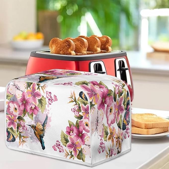 Hummingbird Flower Print Toaster 2 Slice Cover Stain Resistant Bread Maker Cover Dust Fingerprint Protection Kitchen Home Decor
