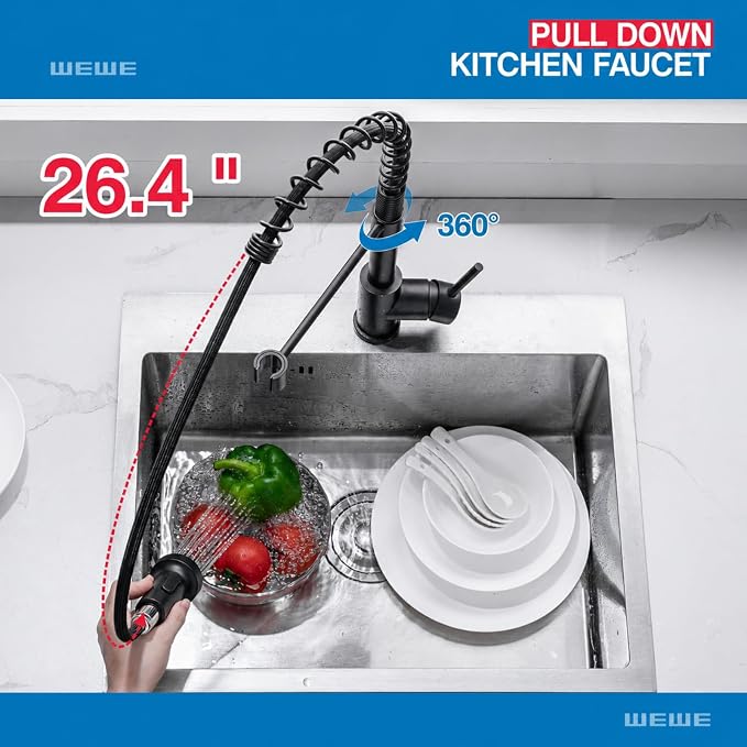 WEWE High Arc Pull-Out Kitchen Faucet, 2-Mode Sprayer, Matte Black | 17-Inch - Image 2