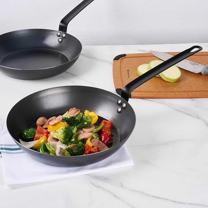 Met Lux 12 Inch Fry Pan, 1 Lightweight Frying Pan - Induction-Ready, Triple-Riveted, Black Carbon Steel Cooking Skillet, Durable, For Searing, Sauteing, And Browning Food - Restaurantware