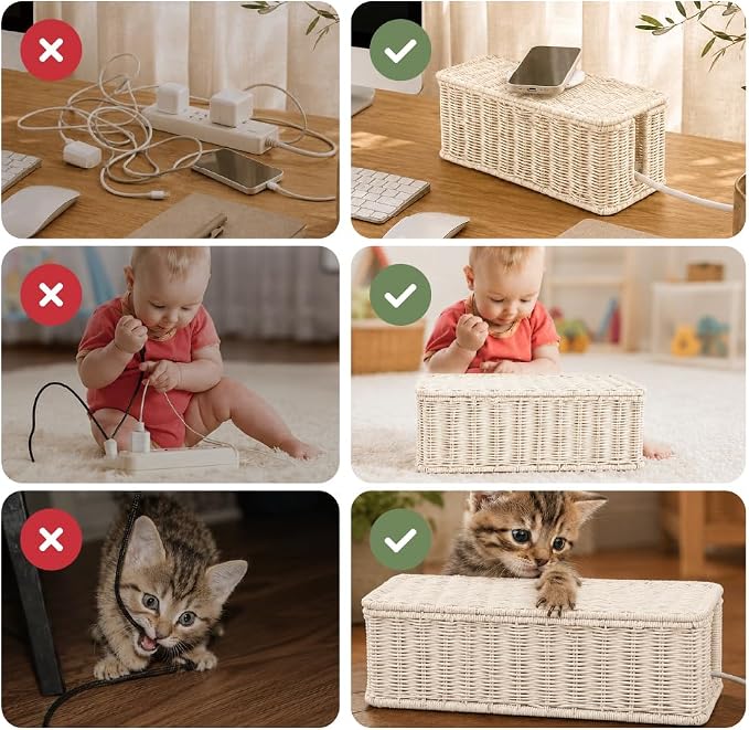 Cable Management Box, Handmade Rattan Cord Organizer - Image 8