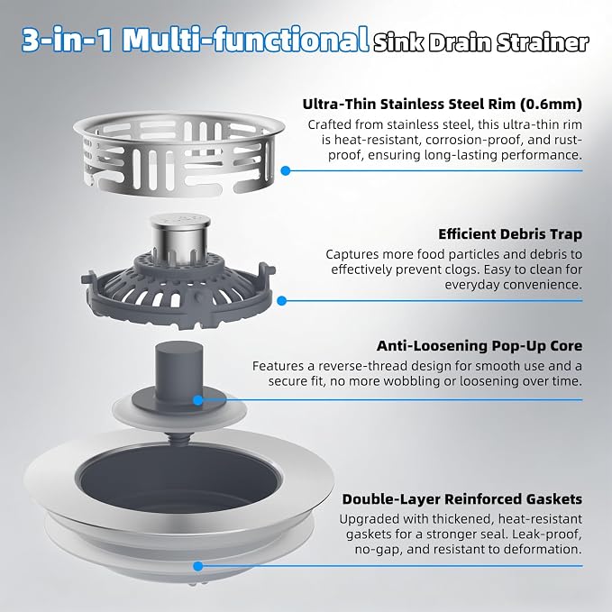 Hibbent 2 Pack 3 in 1 Kitchen Sink Drain Strainer, Metal Pop Up Stopper - Image 8