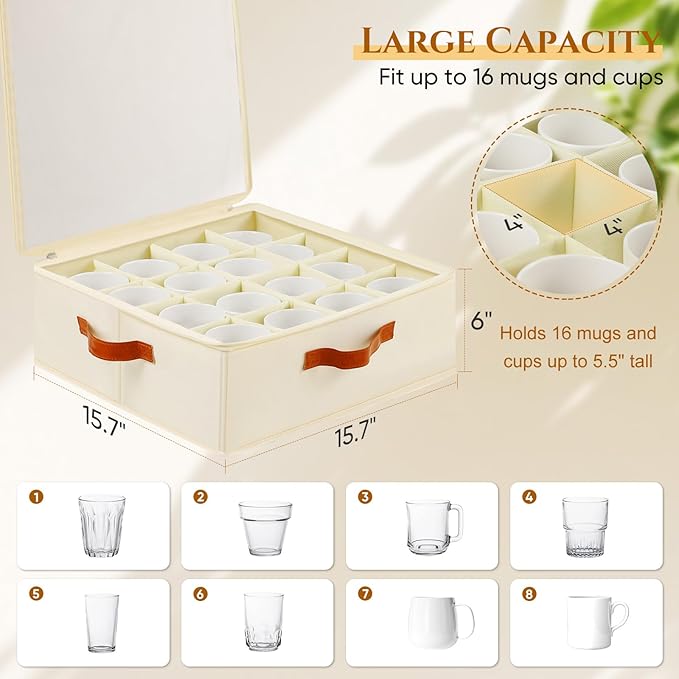 2 Pack Coffee Mug Storage Box with Dividers, Stackable China Storage Containers with Lid, Zipper, and Handles for 32 Coffee Mugs and Cups, Mug Storage Organizer for Packing & Moving, Beige