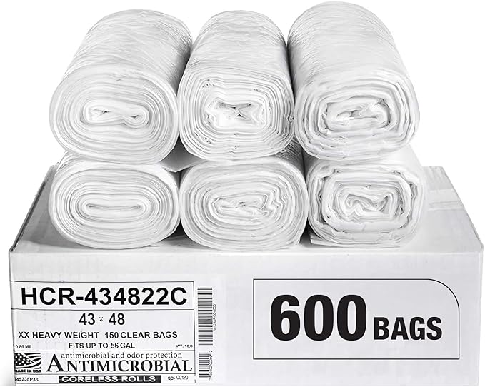 Aluf Plastics 56 Gallon 22 Micron Clear Trash Bags 43" x 48" 600 Count by AlufPlastics