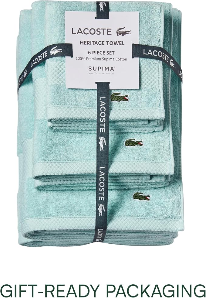 Lacoste Heritage Supima Cotton 6-Piece Towel Set, Mint | Highly Absorbent - Image 4