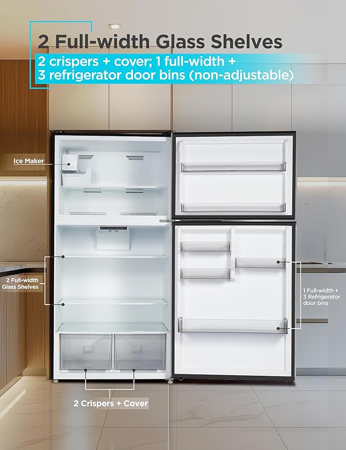 BLACK+DECKER 24 Cu. Ft. Top Mount Refrigerator with Ice Maker, 2-Door Refrigerator with Top Freezer, Freezer with Icemaker and Adjustable Temperature Control, ENERGY STAR, BR2400JIMS, Stainless Look