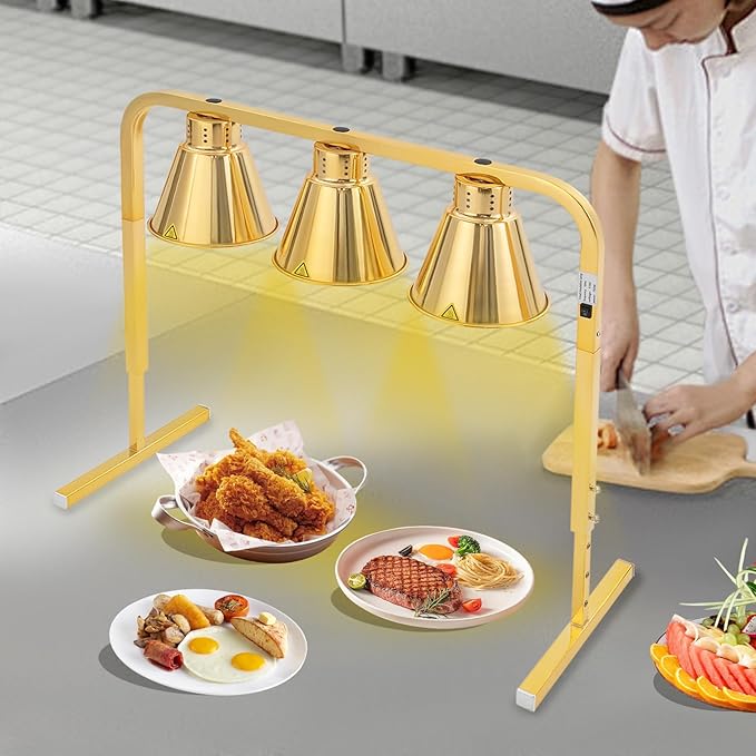 3-Head Food Heat Lamp Warmer Gold, 750W 3*Tungsten Bulb Buffet Display Heating Preservation Light for Buffet, 122℉ Insulation Electric Portable Heating Lamp Adjustable Height(Gold 3-Head)