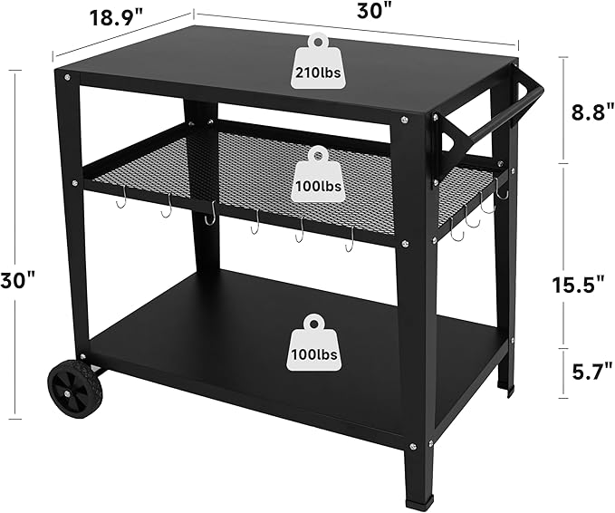 Black Outdoor Grill Cart with Wheels, Heavy-Duty 3-Tier BBQ Prep Table for Pizza Oven, Griddle, Patio – Rustproof Commercial Kitchen Cart with Tool Hooks