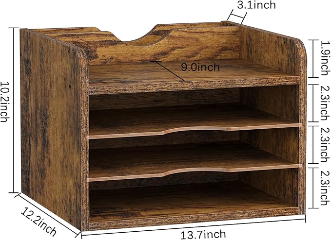 Snughome Vintage Wood File Organizer Desktop, 13.7‘’ Document Letter Mail Tray Sorter with 3 Adjustable Shelves, Wooden Desktop Paper File Sorter Holder for School Home Office Supplies (Rustic Brown)