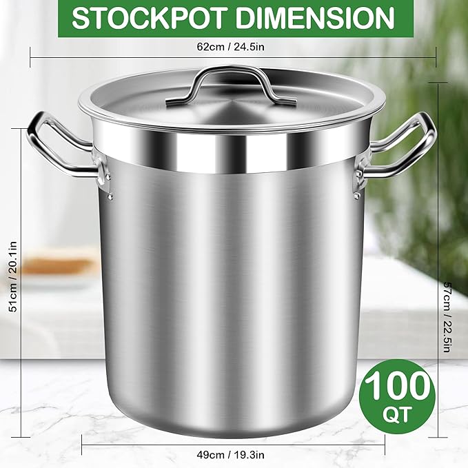 Extra Large Stock Pot 100 Quart (25Gallon) – Professional Stainless Steel Stockpot with Lid – Heavy Duty Cooking Pot for Commercial Kitchens, Canning, and Outdoor Seafood Boil