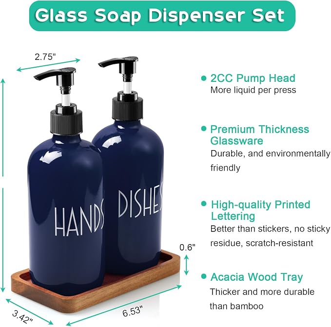 Navy Blue Dish Soap Dispenser for Kitchen - 16 OZ Hand Soap Dispenser Set - - Image 6