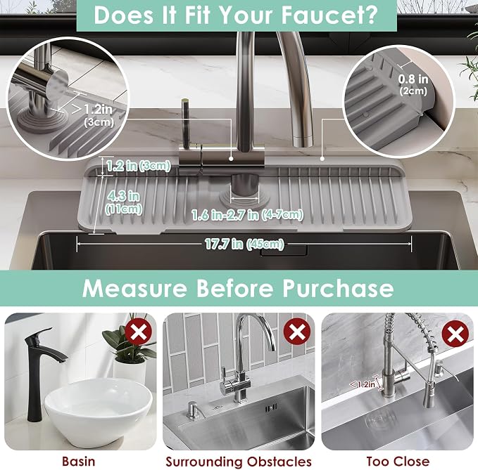 17.7-Inch Silicone Faucet Mat for Kitchen Sink Splash Guard, 7° Slope | - Image 2