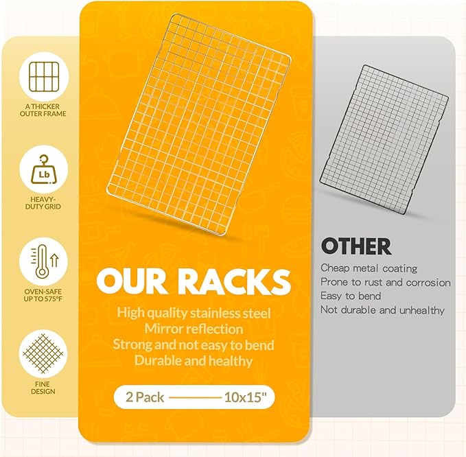 2 PCS Cooling Racks for Cooking and Baking, 15x10 Inches Stainless Steel Cooling Rack, Sheet Pan with Wire Rack for Baking Sheet, Bacon Rack Oven Safe Fits Jelly Roll Sheet Pan