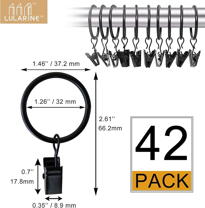 42 Pack Curtain Rings with Clips 1.26" Interior Diameter, Metal Drapery Ring - Image 2