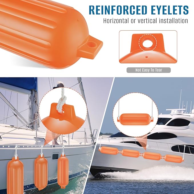 8.5 x 27 Inches Twin Eyes Ribbed Boat Fenders 4 Pack Boat Fenders Bumpers with Lines and Pump to Inflate for Docking