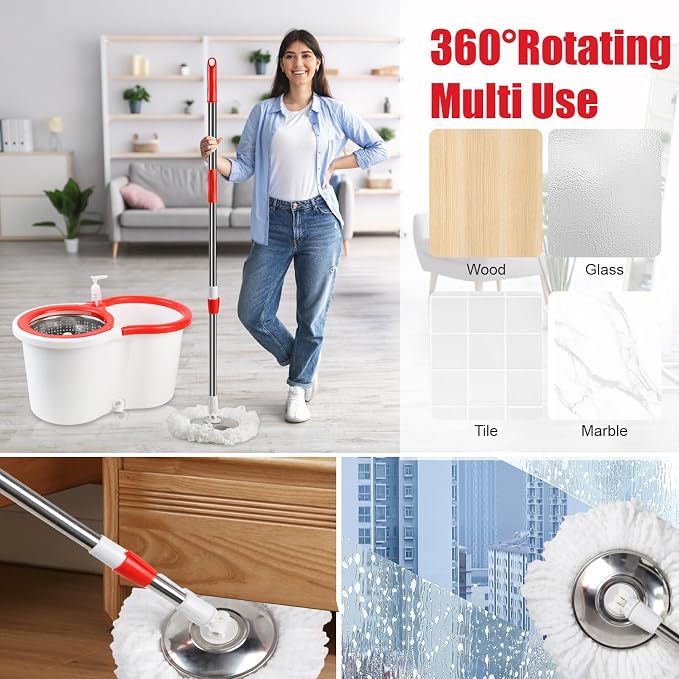 Spin Mop and Bucket with Wringer Set, 6 Microfiber Mop Heads - Image 6