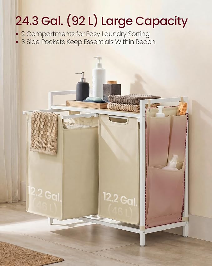 VASAGLE Laundry Hamper with Shelf, 2 Pull-Out Bags, 2 x 12.1 Gallons - Image 3