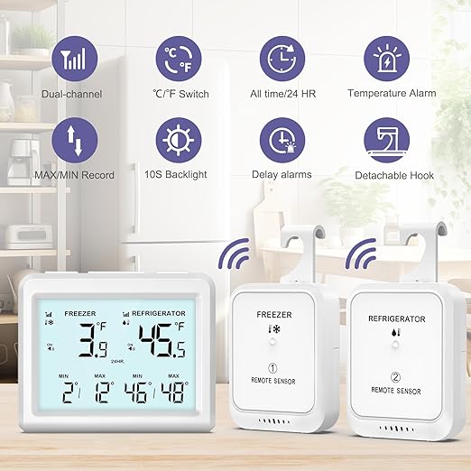 Digital Refrigerator Thermometer - 3.7 inch LCD Backlight Freezer Thermometer with 2 Sensors, Digital Fridge and Freezer Thermometer with Alarm, Max/Min Records, for Homes Restaurants Cellars