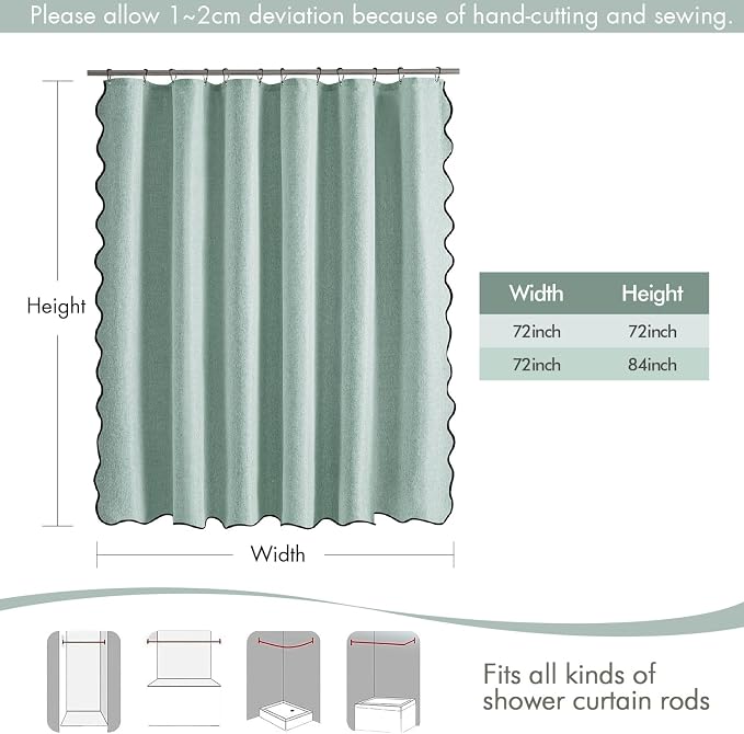 MIULEE Seafoam Green Scalloped Linen Shower Curtain 72x72 Inches - Image 6