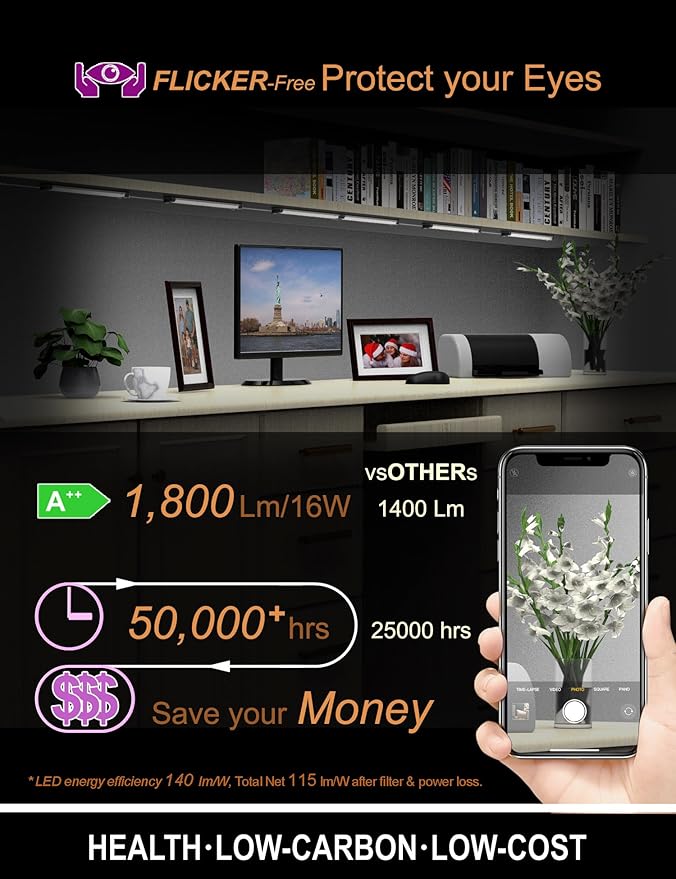 LED Under Cabinet Lighting Touch Under Counter Lights for Kitchen Built-in Adjustable Cable No Messy Wires! 4 Panel Cabinet Light 6500K 1800Lm Super Bright for Garage Pantry Closet Timer Smart Plug