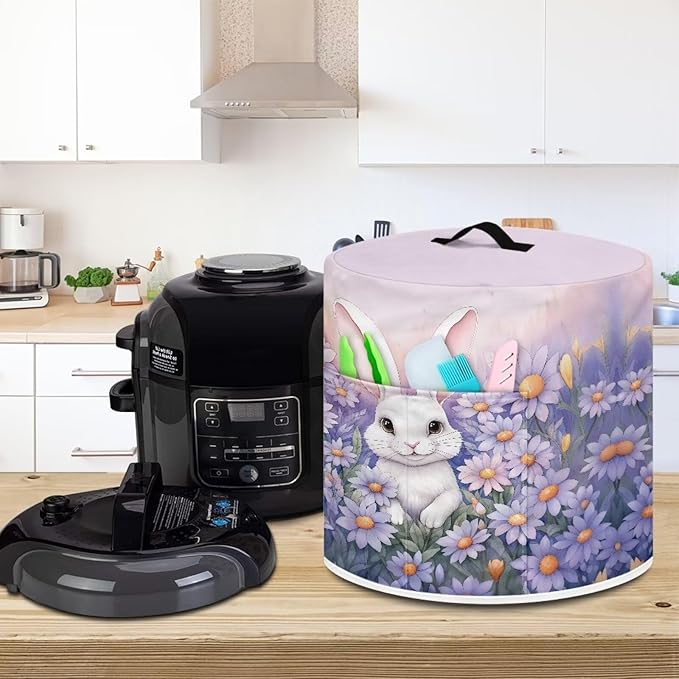 Pressure Cooker Cover for 8 Quart Air Fryer, Stain Resistant Washable Round Protective Electric Appliance Cover Kitchen Easter Decoration, Bunny Purple Flower