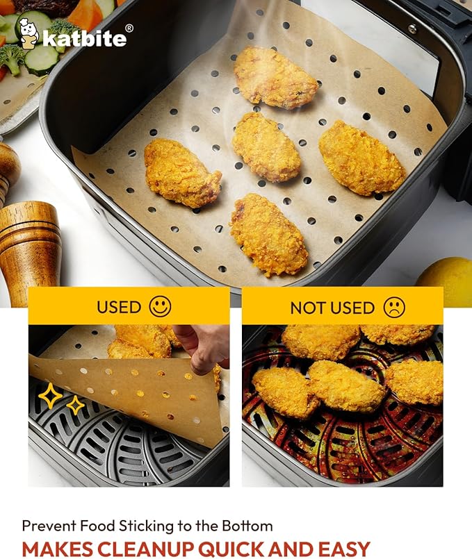 Katbite Air Fryer Parchment Paper Liners 180cs Airfryer Liners Disposable 9x11 Inch Perforated Parchment Paper Sheets Basket Liner Accessories For Toaster oven,Air Fryer, Fit Cuisinart, Ninja Foodi