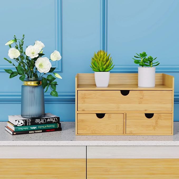 Bamboo Desk Organizer with Drawers, 3-Drawer Desktop Storage Box | 3 Drawers - Image 2