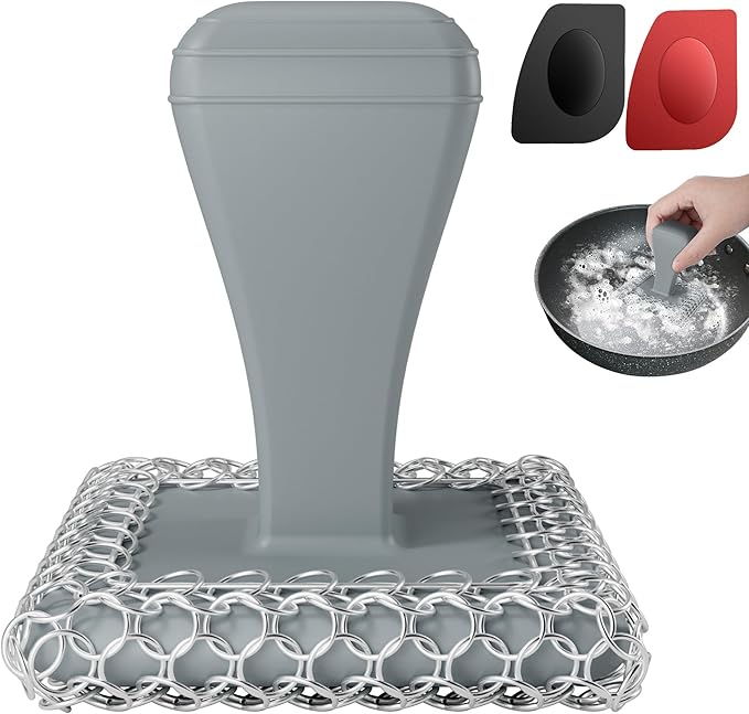 TOPULORS Cast Iron Scrubber Cleaner & 316L Stainless Steel Chainmail Scrubber with 2 Scrapers, Ergonomic Silicone Handle Brush for Pans Skillets Grills Dishes Cleaning - Non-Scratch Rust-Proof - Gray