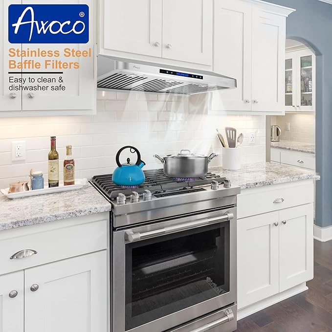 Awoco 36” Supreme 7” High Stainless Steel Under Cabinet Range Hood 4 Speeds, 8” Round Top Vent, 1000CFM 2 LED Lights, Remote Control & External Oil Collector (RH-S10-36S)