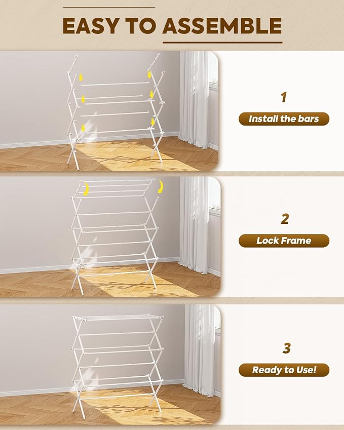 KINGBOARD 3-Tier Extendable Clothes Drying Rack, Small & Foldable, Space-Saving - Image 6