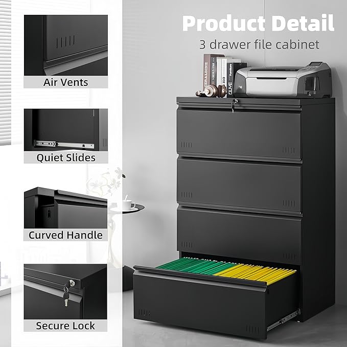 Lateral 4 Drawer File Cabient with Lock, Metal Filing Cabinets for Home Office, Heavty Duty Office Storage Cabinet for A4/Letter/Legal (Matte Black)