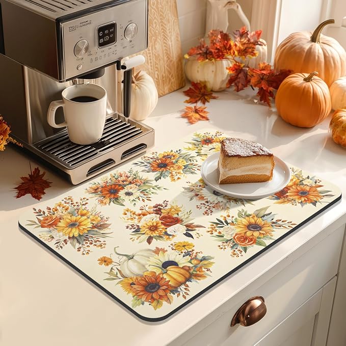 LOKHOM 12"x20" Fall Dish Drying Mat，Autumn Harvest Pumpkin Sunflower | - Image 2