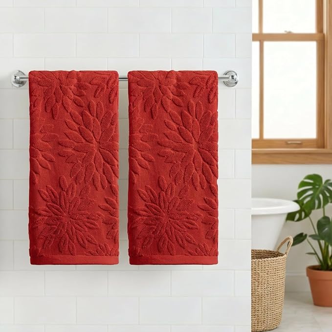 Artoid Mode 2 Pcs Red 3D Dahlia Floral Jacquard Hand Towels - Image 2
