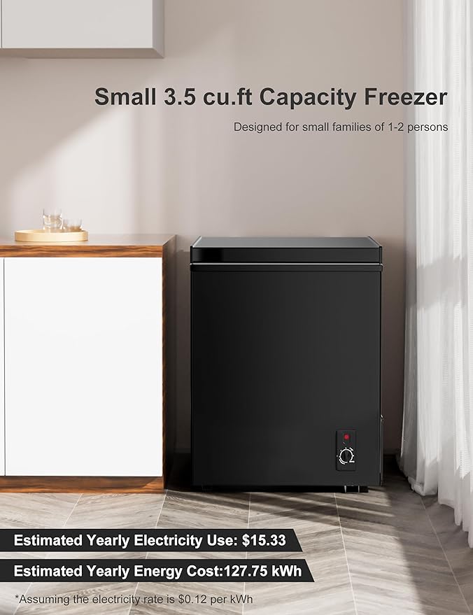 3.5 Cubic Feet Chest Freezer - Free Standing Top Open Door Compact Mini Deep Freezer, Energy-Efficient, Quiet(38db) w/Adjustable Temperature for Apartments and RVs, Home, Bar, Dorm, Kitchen (Black)