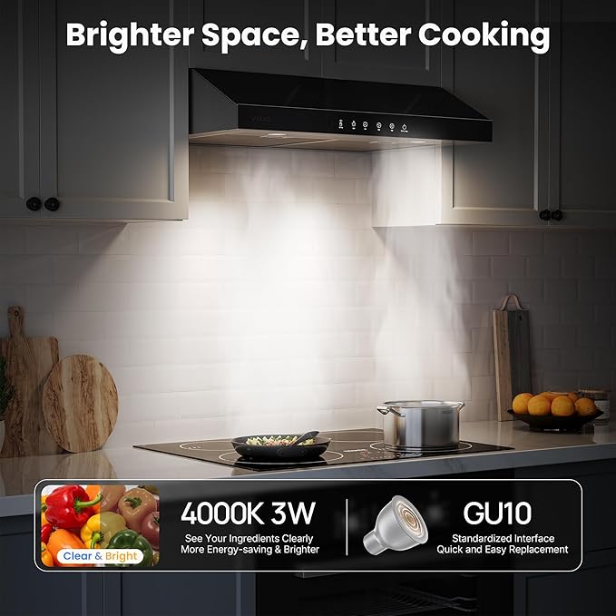 Under Cabinet Range Hood 36 Inch, 900 CFM Dual Centrifugal Motor, 3-Speed Ducted Kitchen Vent, Reusable Filters, Stainless Steel Kitchen Hood with LED Lights, Low Noise, Glass Black