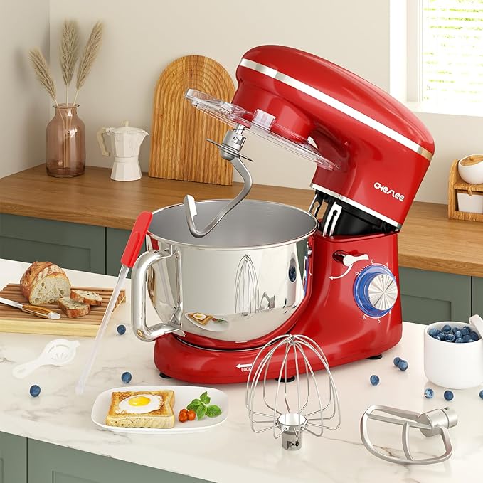 CHeflee Stand Mixer,660W 6+P With 6.5QT Stainless Steel Bowl,Dough Hook, Wire Whip & Beater,for Most Home Cooks (Red)