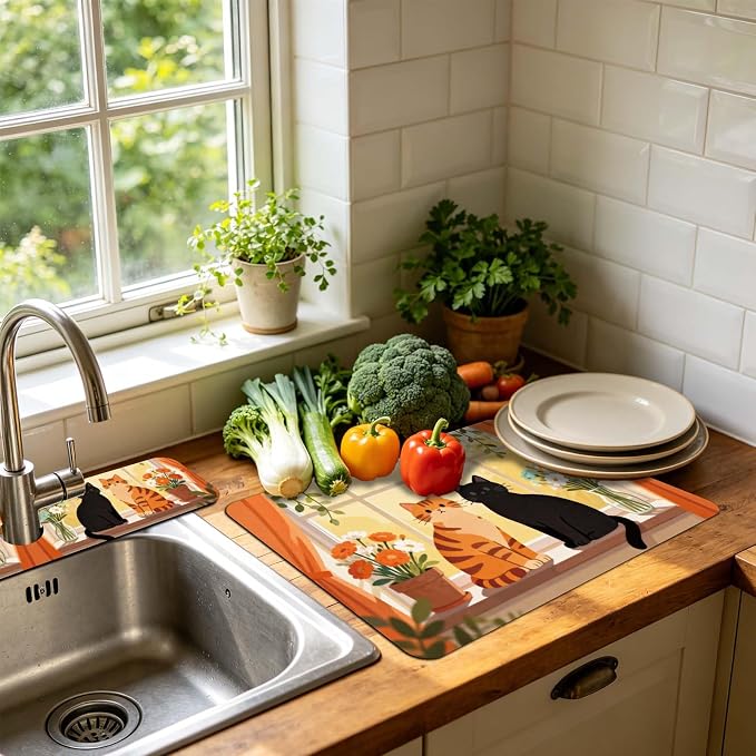 3 Pcs 2 Size Kitchen Sink Splash Guard Faucet Mat Cute Cat Pattern Faucet Mat - Image 5