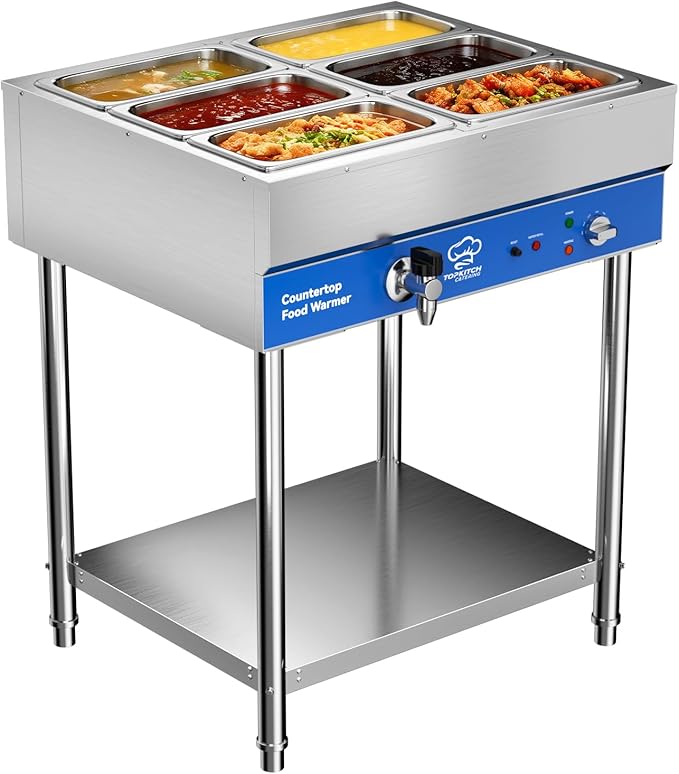6-Pan Commercial Food Warmer, Electric Steam Table, 120V 1700W Stainless Steel Buffet Catering Food Warmer with Undershelf and Workspace, for Restaurant.