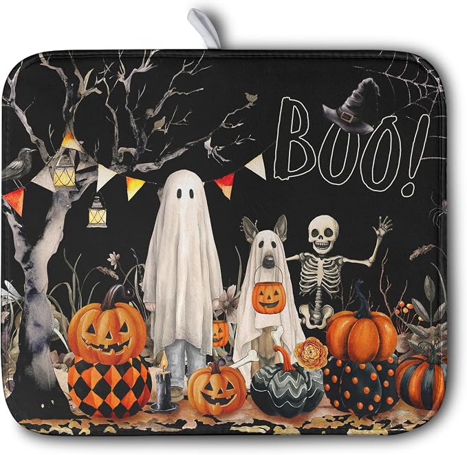 Halloween Dish Drying Mat for Kitchen Counter 16x18 Inch Black Ghost Pumpkins by Kwlegh