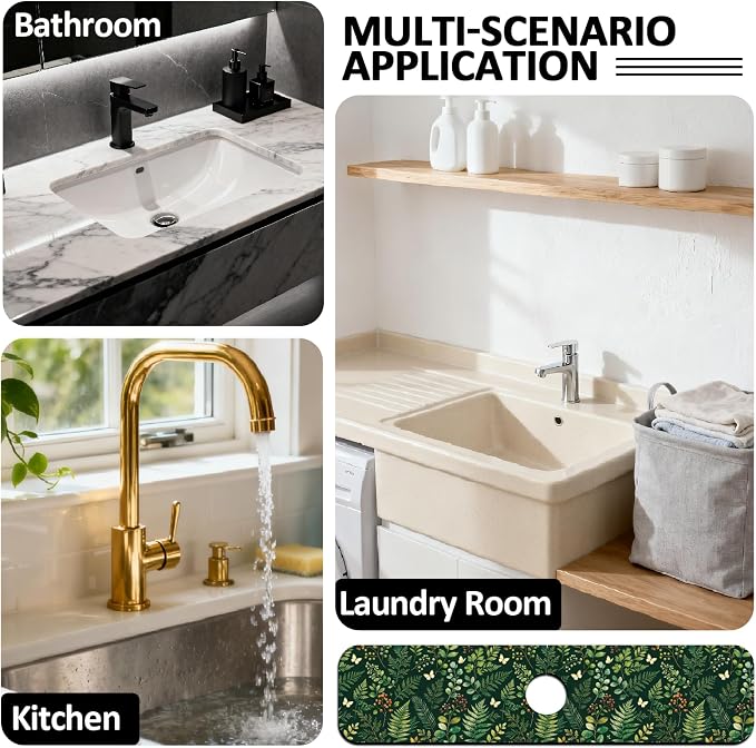 2Pcs Green Vintage Plants Kitchen Sink Splash Guard Faucet Mat Flowers - Image 7