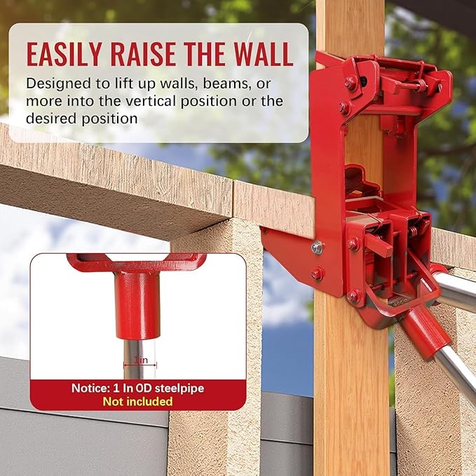 2 Pcs Wall Jack, Portable Lifting Tool Works with 1-1/2" x 3-1/2" Fir Poles or 1" OD Steel Pipes, Heavy-Duty Wall Jacks for Framing, Lifting Wall Beams, Red