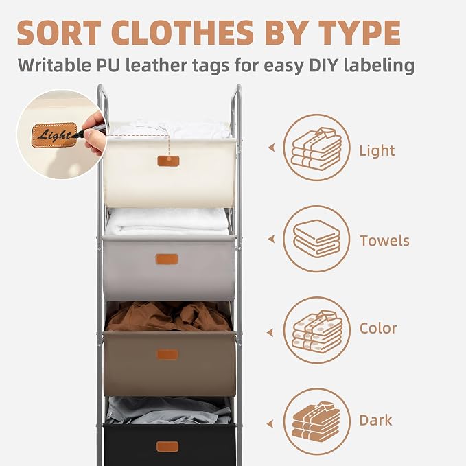 STORAGE MANIAC Vertical Rolling Laundry Hamper, 4 Section Laundry Sorter - Image 5