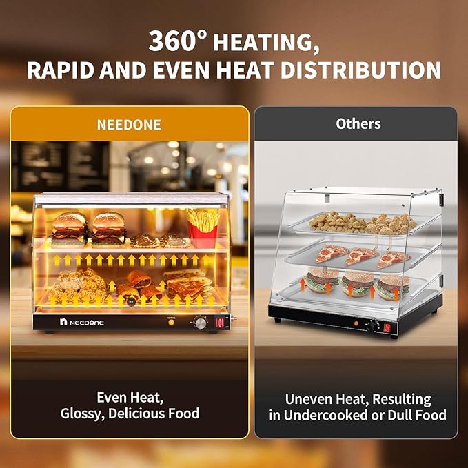 NEEDONE Commercial Food Warmer, Electric Pizza Food Heater Display Cabinet w/Adjustable Temperature, LED Lighting, Removable Racks, Countertop Pastry Display Case for Cafes, Buffet, Parties