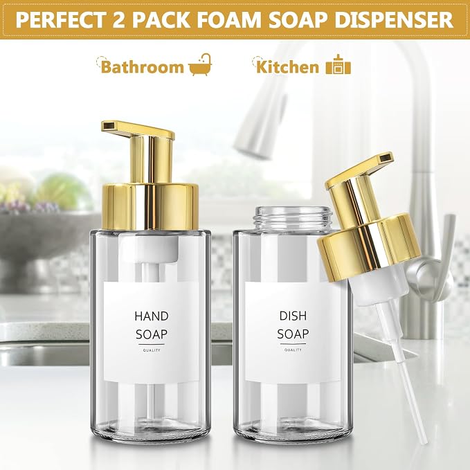 RYTOXILO Foaming Soap Dispenser, 10 oz/300ml Gold Soap Dispenser, 2 Pack Glass - Image 2