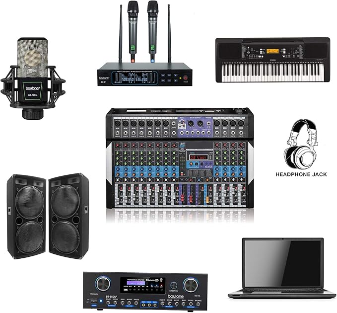 Boytone 12 Channel Bluetooth Studio Audio Mixer - DJ Sound Controller, USB MP3 Player, PC Recording, 96 KHZ, 11 Microphone Jack, 48V Phantom Power, 24BIT Digital Effect, Metal chassis, unpowered