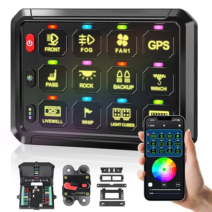 RGB 12 Gang Switch Panel,12-24V Bluetooth APP 230FT 433M Long Range, Auxiliary Backlit Off Toggle Flash Multifunction Toggle Switch Momentary Circuit Control Relay System Box Universal for Car