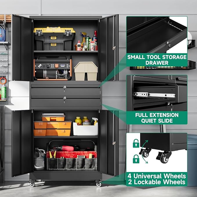 Letaya Metal Garage Storage Cabinet with Wheels,Rolling Tool Cabinet with 4 Door Lock-Adjustable Shelves and 2 Drawer for Garage Home Office Utility Room (Black with Wheels)