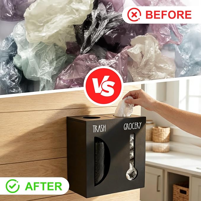 2 in 1 Trash Bag Dispenser, Double Wall Mounted, Wood Trash Bag Holder - Image 5