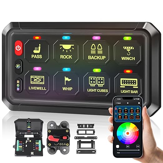 RGB 8 Gang Switch Panel,12-24V Bluetooth APP 230FT 433MHZ Long Range, Auxiliary Backlit Off Toggle Flash Multifunction Toggle Switch Momentary Circuit Control Relay System Box Universal for Car