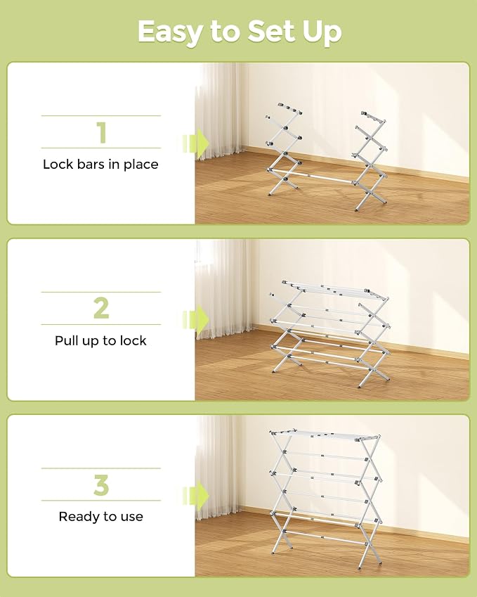 3-Tier Foldable Clothes Drying Rack, 37.6" H, Tool-free Assembly, Extendable - Image 6